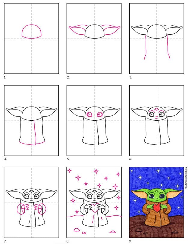 آموزش نقاشی بیبی یودا برای کودکان 👶🎨 – راهنمای پدر و مادرها 2 Draw a Baby Yoda Valentine diagram 1